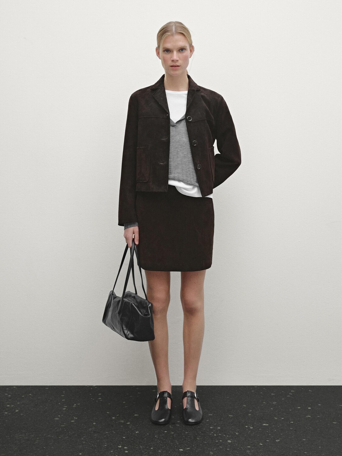 

Мини-Юбка из замши и кожи Massimo Dutti, коричневый