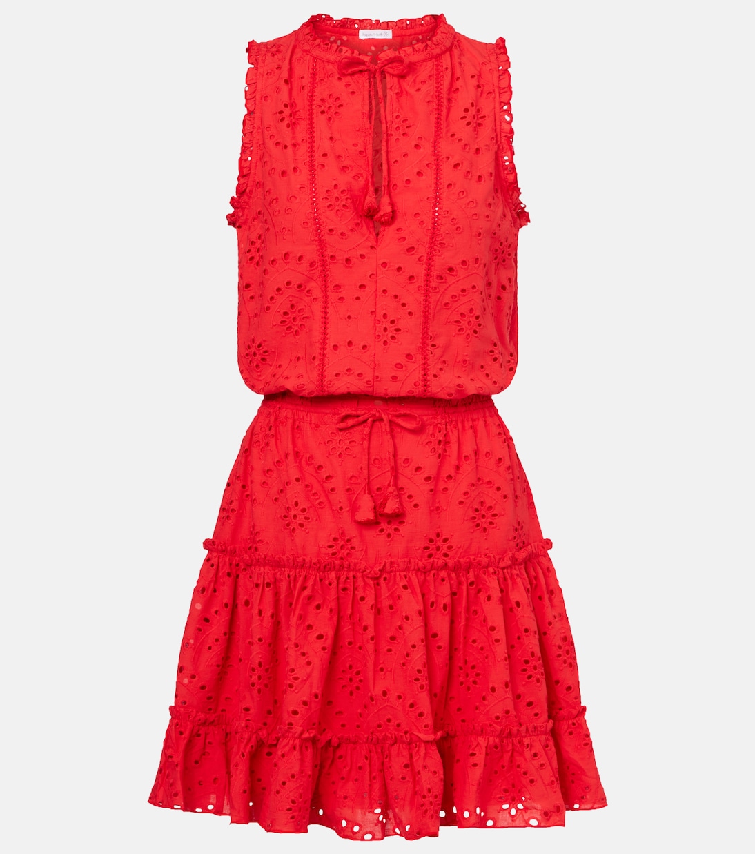 

Мини-платье Clara из хлопка с вышивкой ришелье Poupette St Barth, Geranium Red Plain