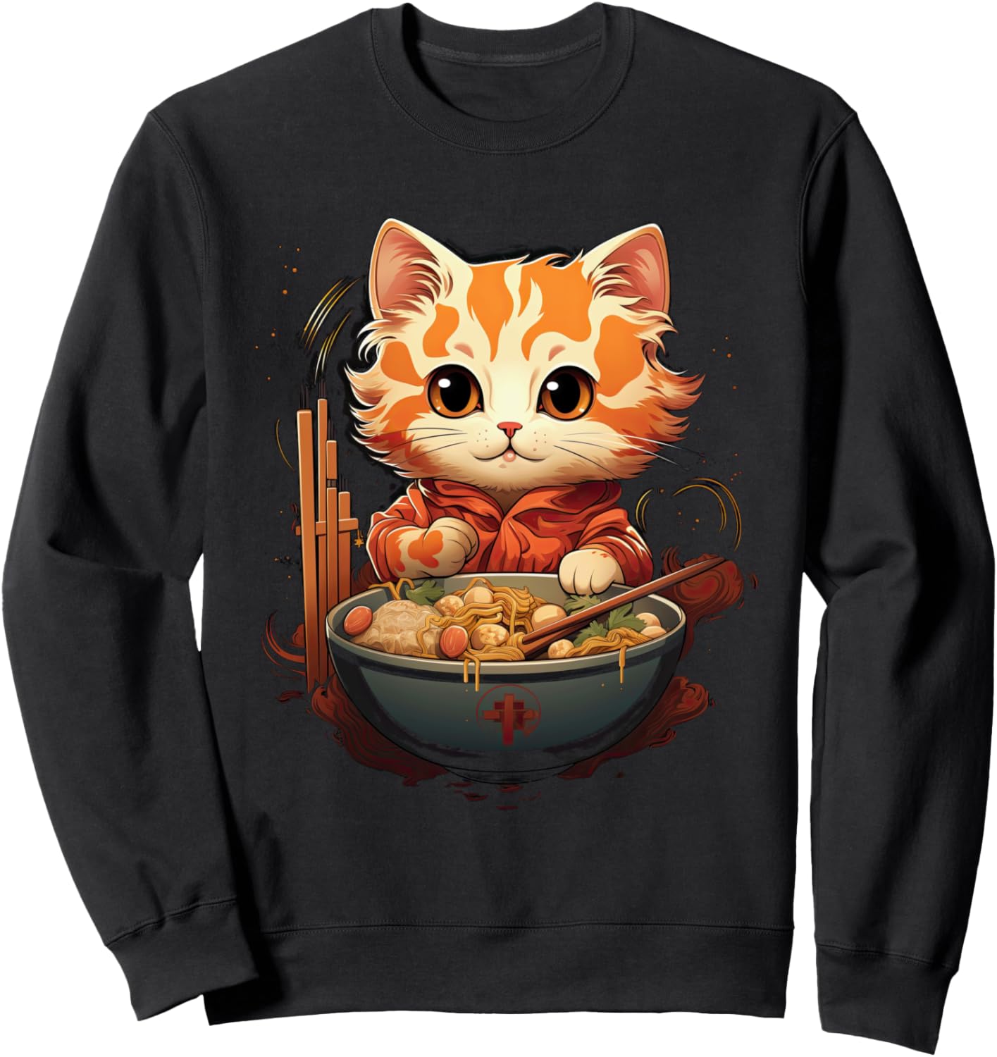 

Толстовка с изображением кота, рамена и лапши быстрого приготовления в японском аниме «Риверсайд» Japanese Ramen Eating Animal Design, черный