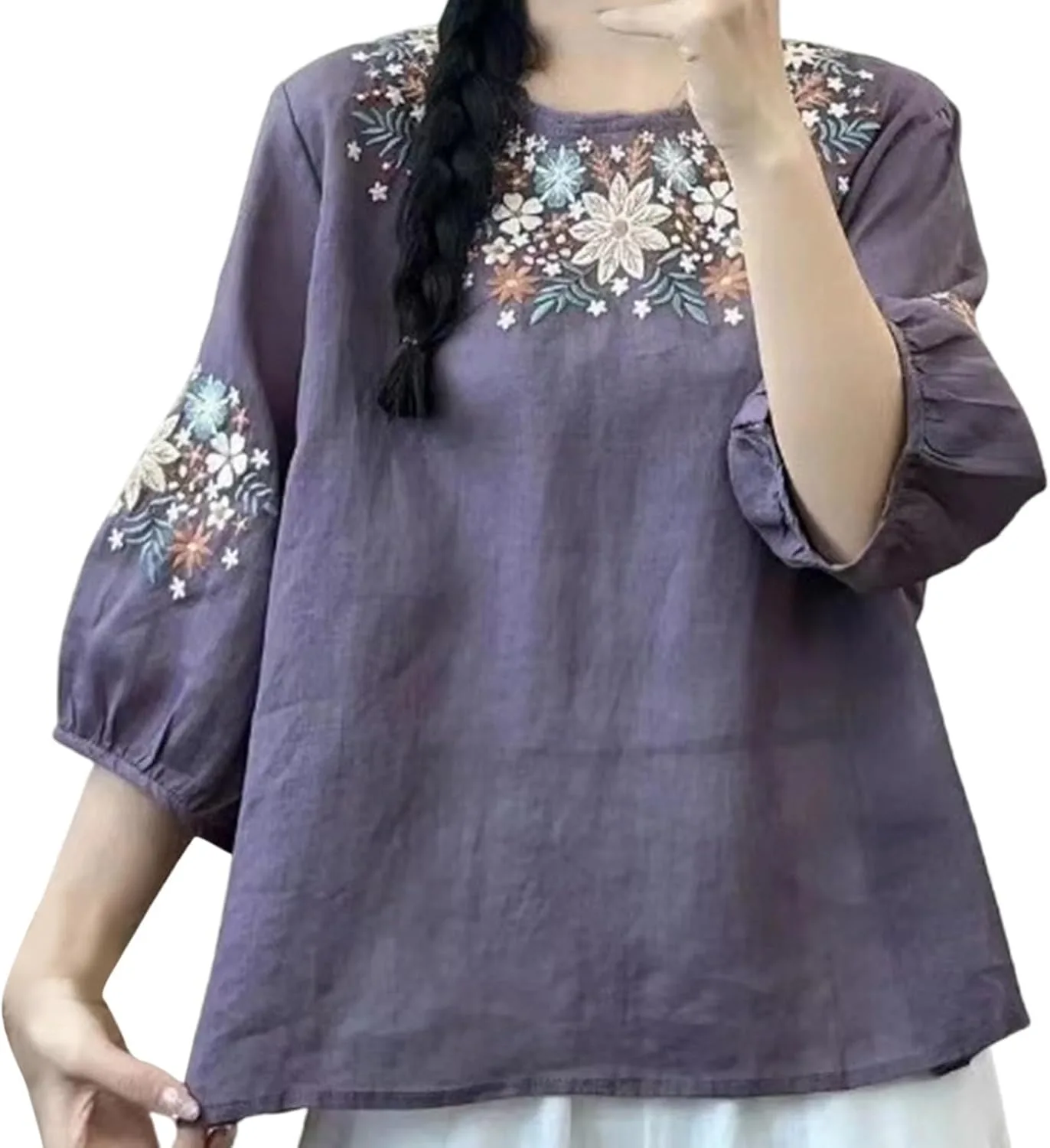 

Льняная блузка с вышивкой, 3/4 рукав