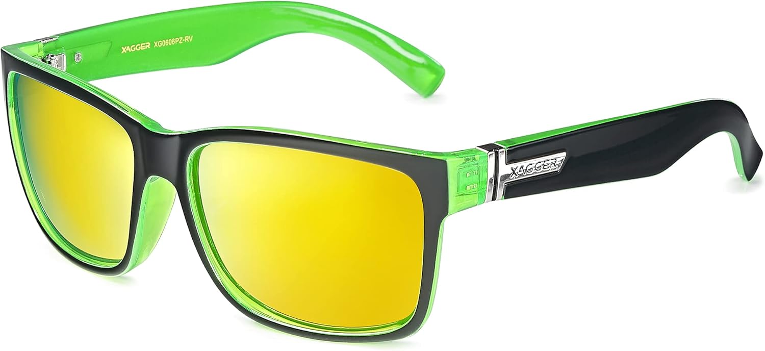 

Квадратные поляризованные солнцезащитные очки Xagger для мужчин и женщин, защита от ультрафиолета UV400, зеркальные спортивные солнцезащитные очки, Green - Black | Yellow Mirror