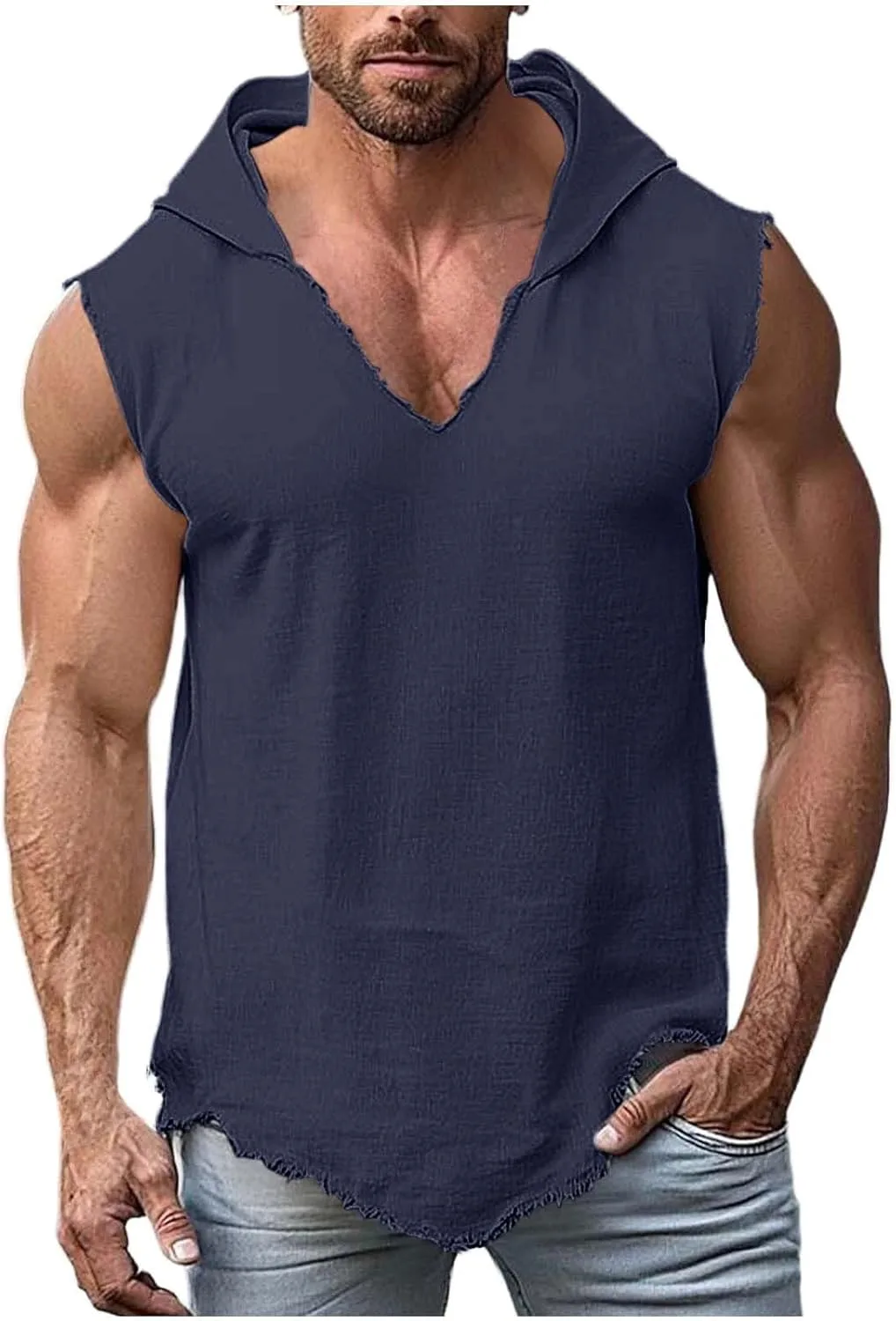 

Мужская безрукавка с капюшоном V-образного выреза из льна Sdeycui