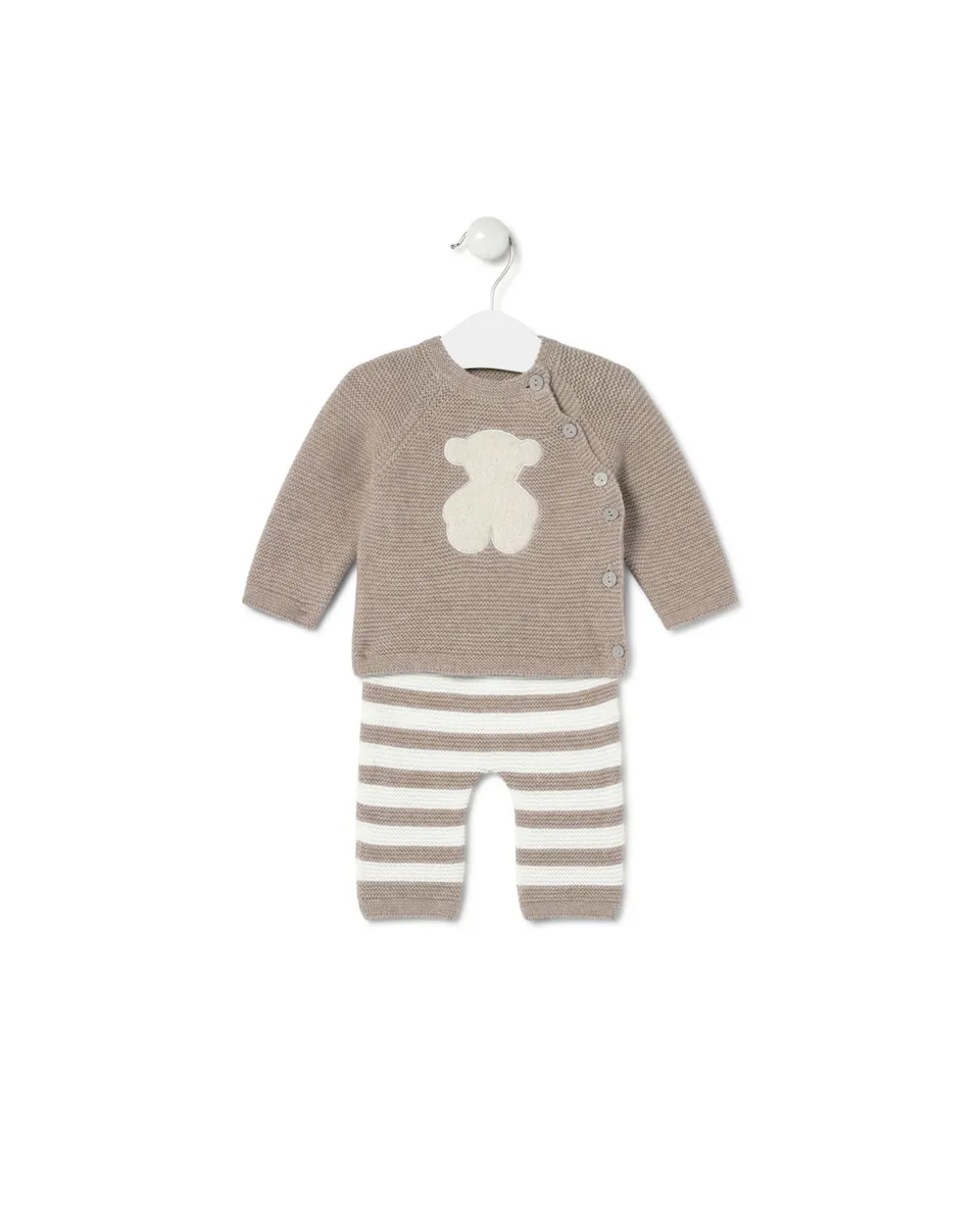 

Комплект для малыша из гладкого органического хлопка и вязаного трикотажа в полоску Tous, бежевый/белый