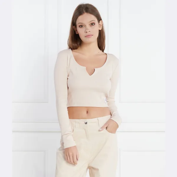 Верх в рубчик стандартной посадки с разрезным воротником Calvin Klein, бежевый — фото 2
