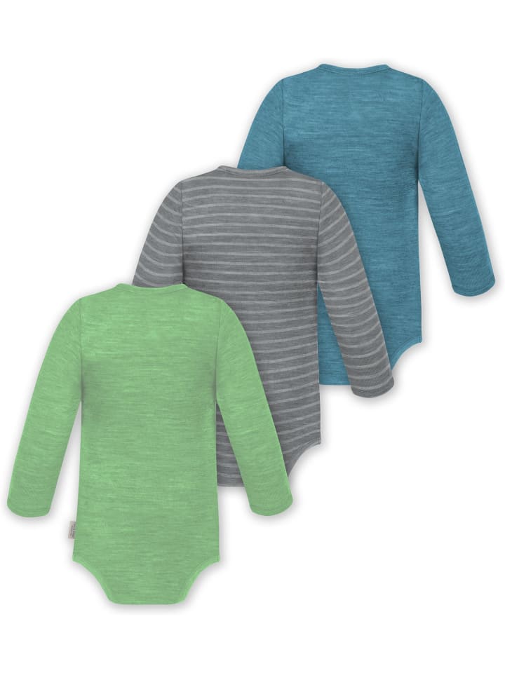 Normani Outdoor Sports Комплект из 3 детских боди с длинными рукавами из мериносовой шерсти, цвет Окленд, синий/серый/зеленый — фото 2