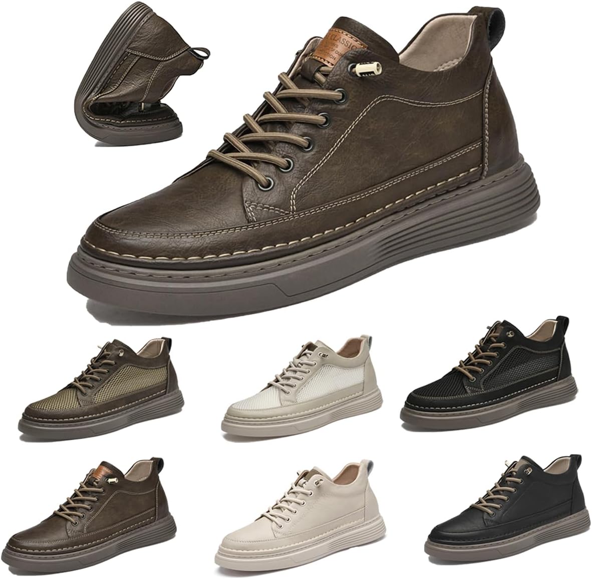 

Мужские невидимые туфли-лифтеры для увеличения роста на 6 см, повседневные кроссовки для комфорта, кожаные скелетные туфли, шнуровка, кожаные оксфорды Generic, хаки