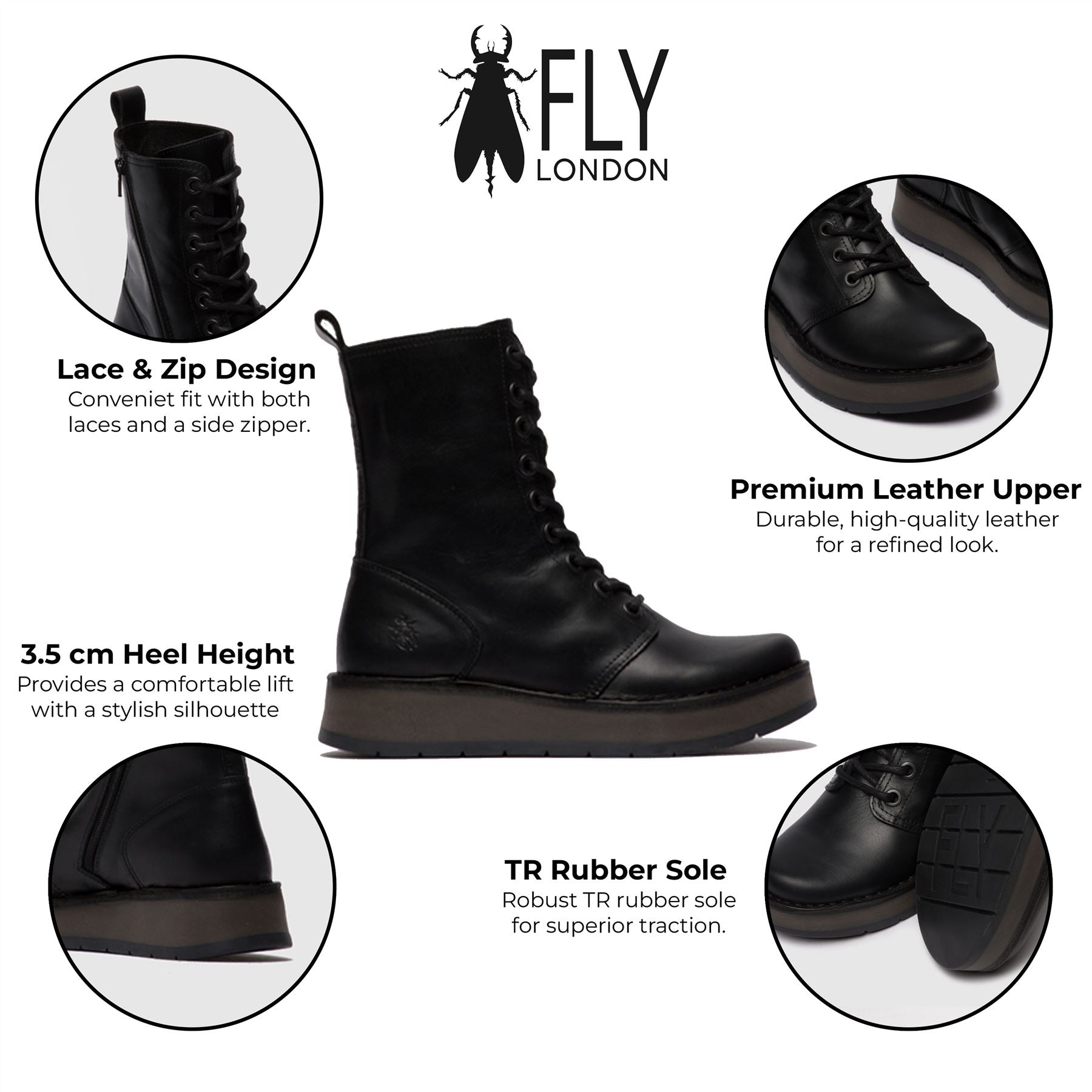 Fly London женские черные повседневные кожаные ботинки до щиколотки RAMI043 на шнуровке — фото 2