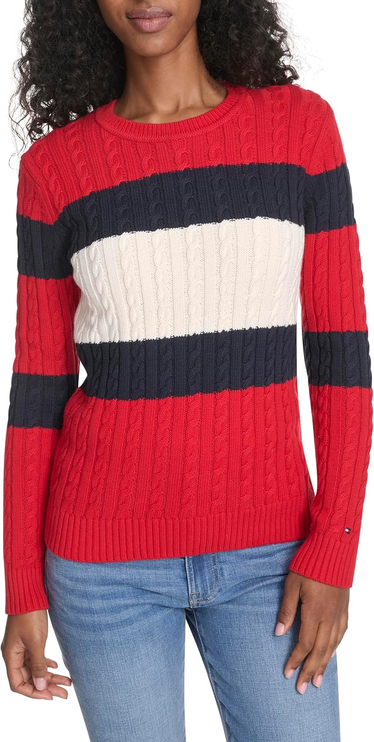 

Женский хлопковый свитер Tommy Hilfiger с круглым вырезом и косами, Scarlet Multi Colorblock