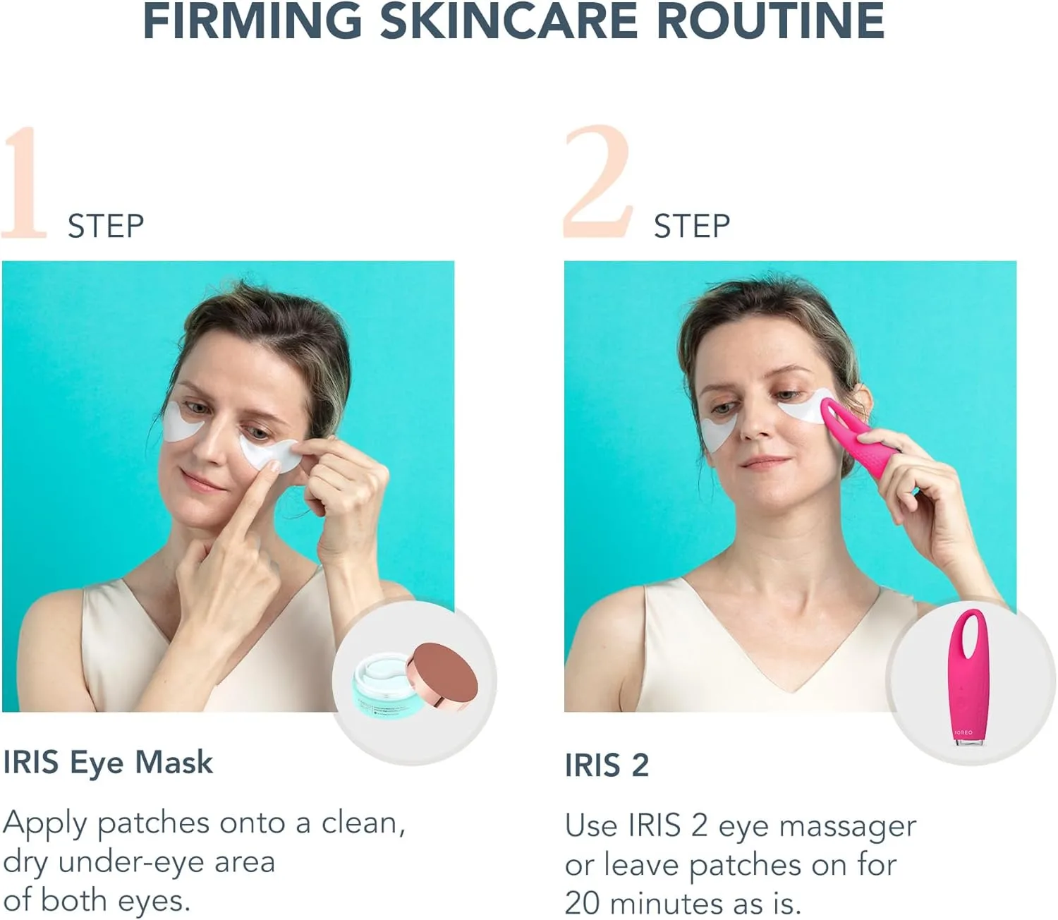 Foreo Eye Revive Iris 2 набор: лимфодренажный массажер для глаз Iris, увлажняющая гидрогелевая маска для глаз, 60 шт, средство от темных кругов и мешков под глазами, уменьшение отечности, цвет fuchsia, Magenta — фото 3