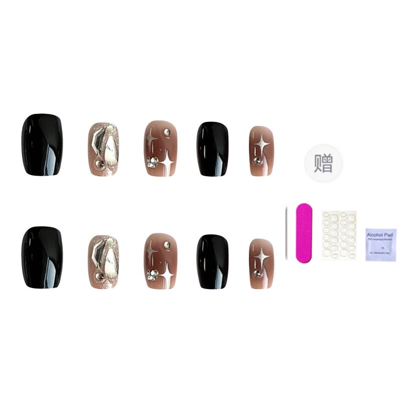 

ORANOT Крутые черные звездчатые ногти с стразами, средняя лестница, 24 мм