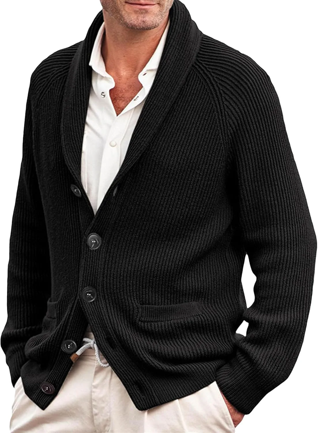 

Мужской кардиган с воротником шаль и V-образным вырезом, Slim Fit, кабельная вязка SWJGLITTR