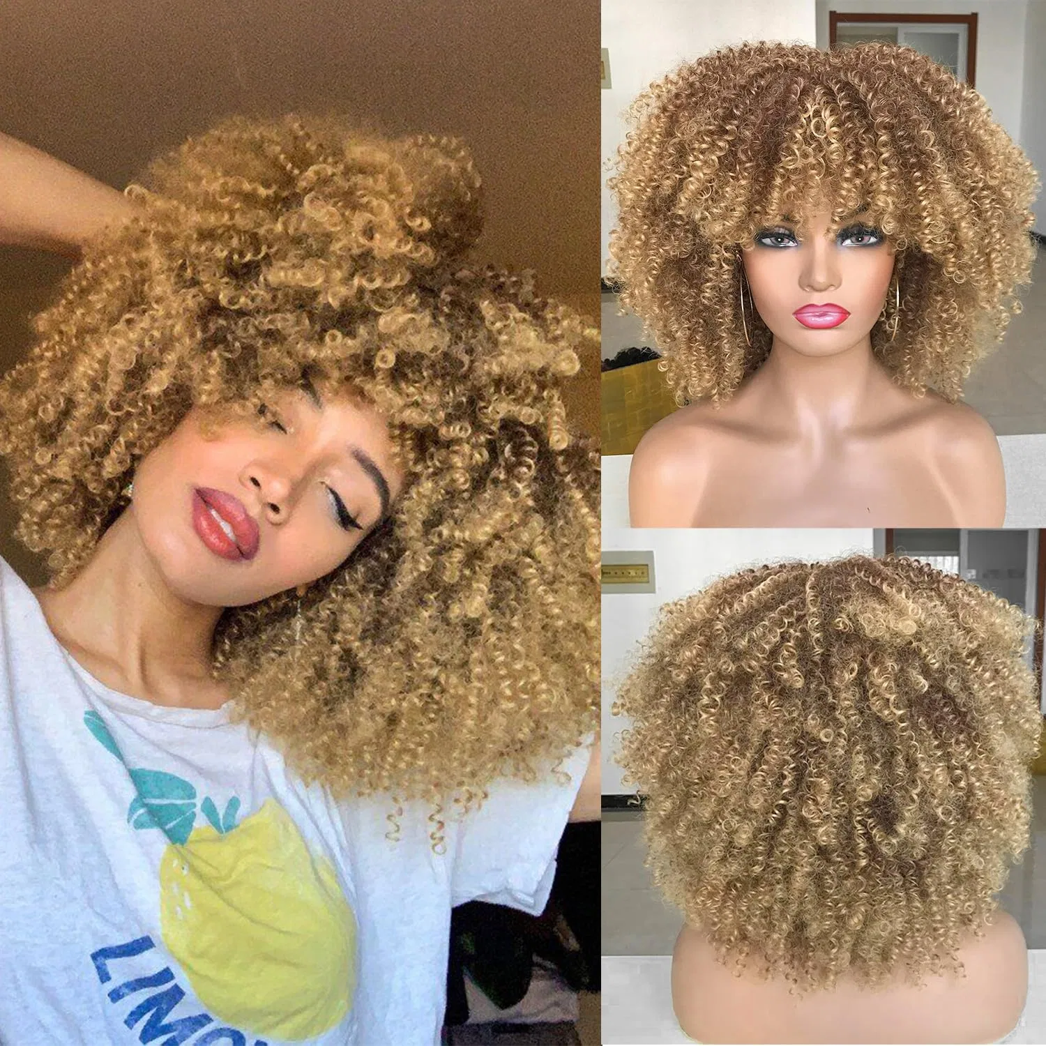 Короткий кудрявый парик «Afro Bomb Curly Wig» с челкой Isamy, Ombre Blonde — фото 2