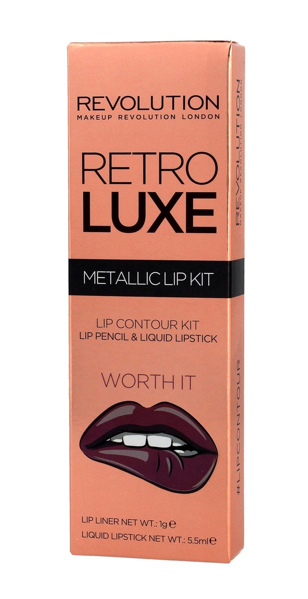 

Makeup Revolution, Набор для губ Retro Luxe Metallic, карандаш для губ + блеск для губ Worth It, 1 г + 5,5 мл