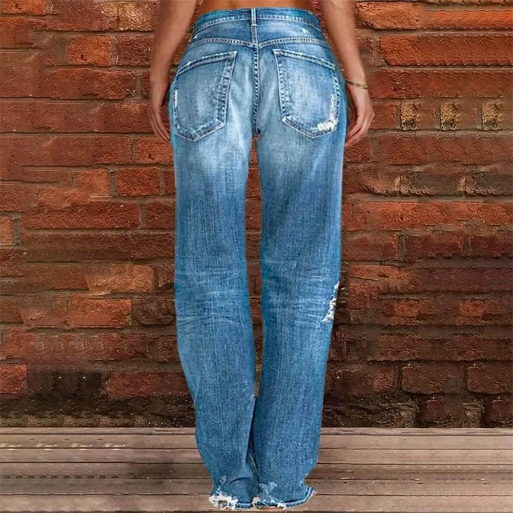 Женские рваные джинсы Mid Rise Straight Leg — фото 4