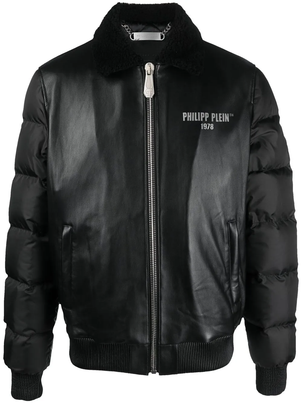 

Кожаный пуховик с логотипом Philipp Plein, черный
