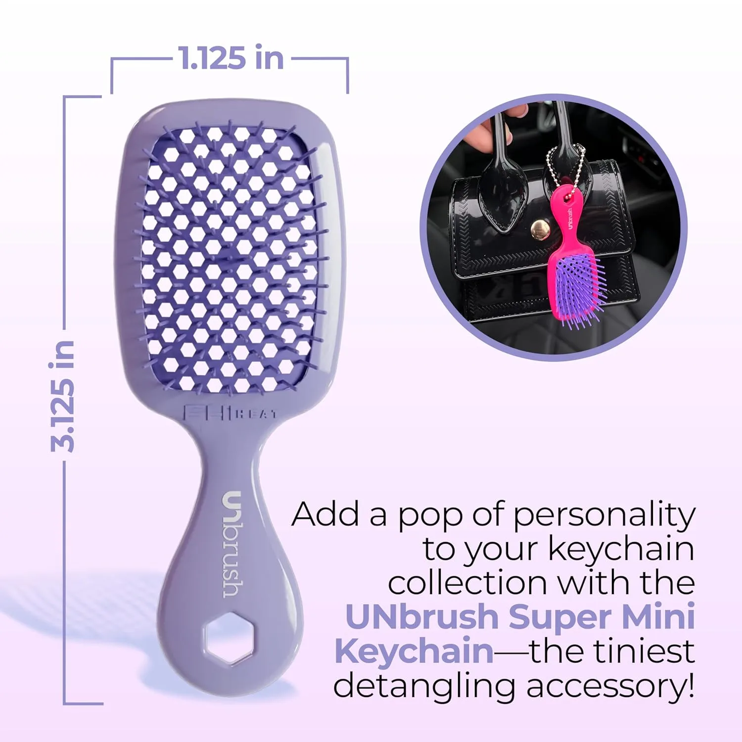 Брелок-расческа FHI Heat UNbrush Super Mini - коллекционный миниатюрный аксессуар для сумок и ключей - для любительниц красоты., Lilac — фото 4
