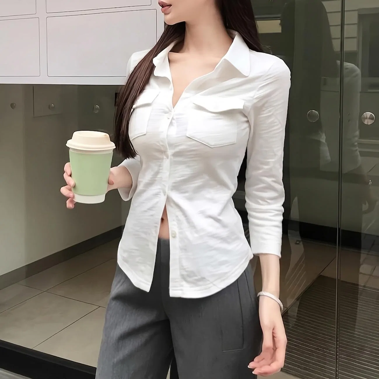 Блуза женская с V-образным вырезом и воротником Slim, черный — фото 4