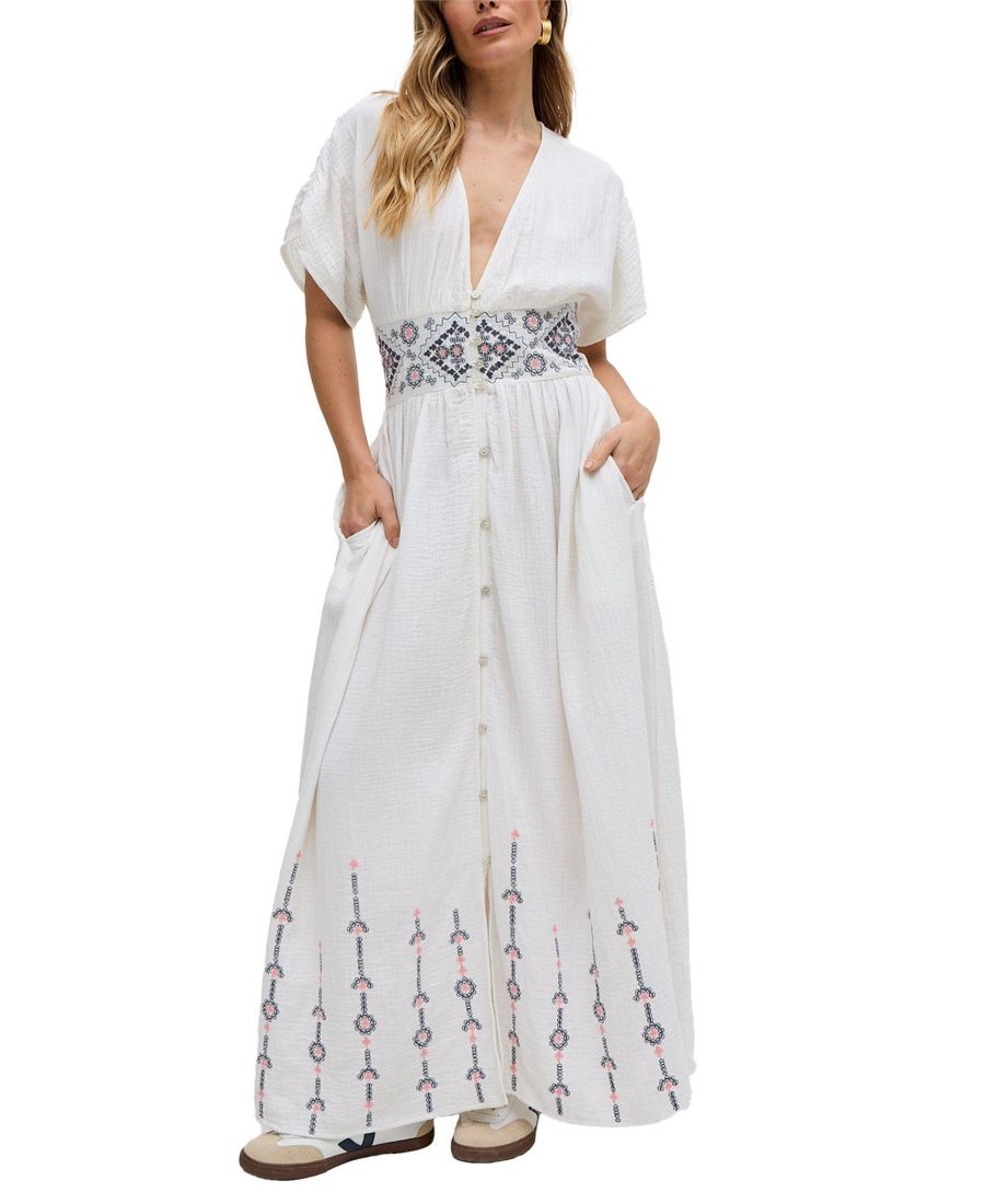 

Женское длинное платье Sally Ann с вышивкой и пуговицами Raffya, White