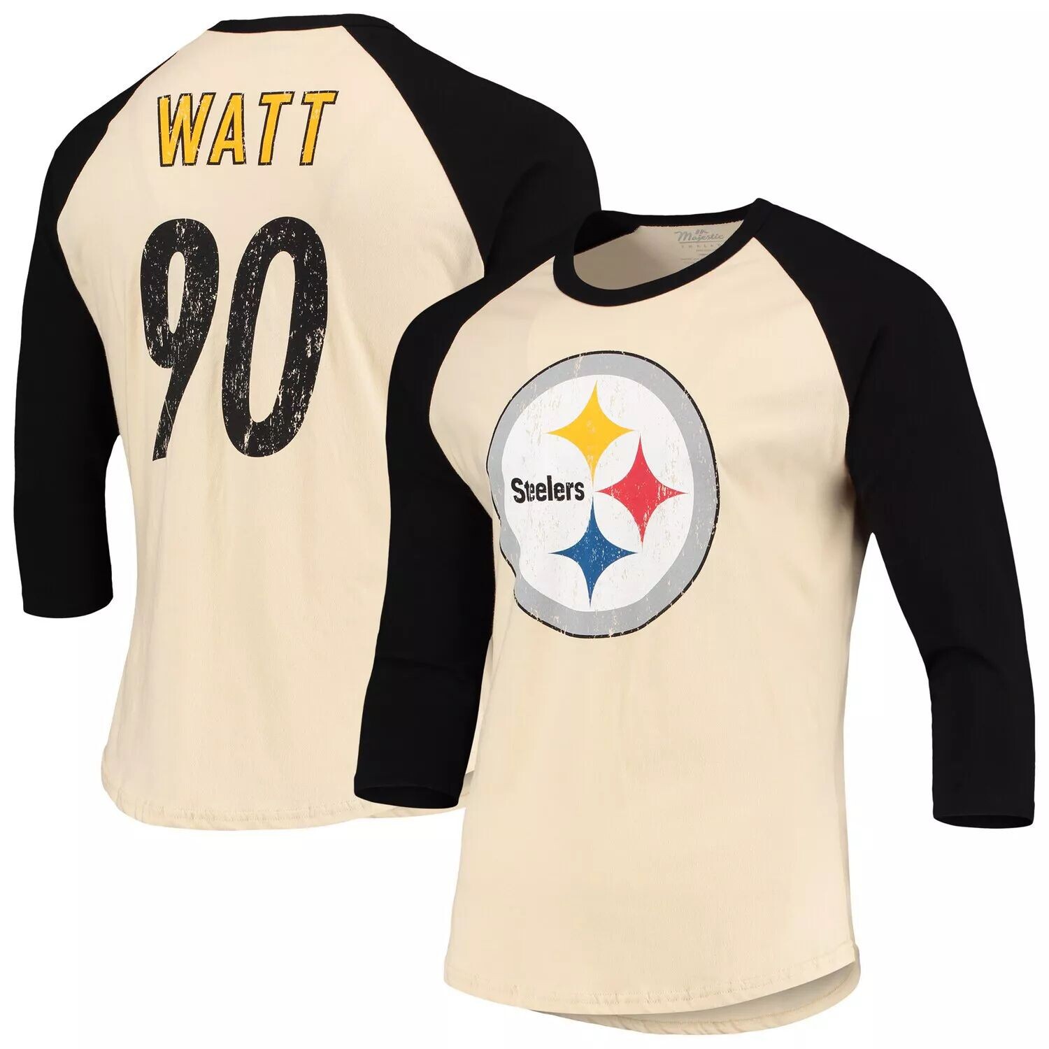 

Мужские фанатики под брендом T.J. Винтажная футболка Watt Cream/Black Pittsburgh Steelers с именем и номером игрока реглан с рукавами 3/4