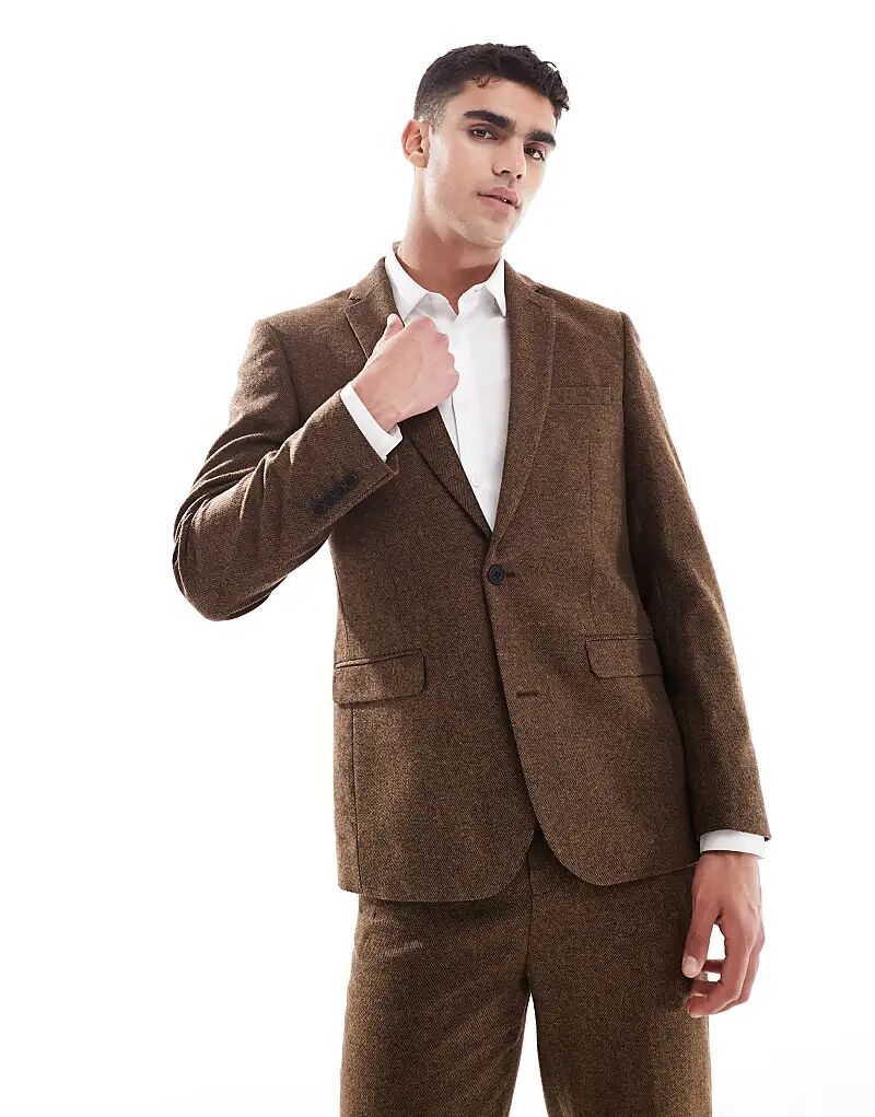 

Узкий пиджак из шерстяной смеси ASOS DESIGN темно-коричневого цвета