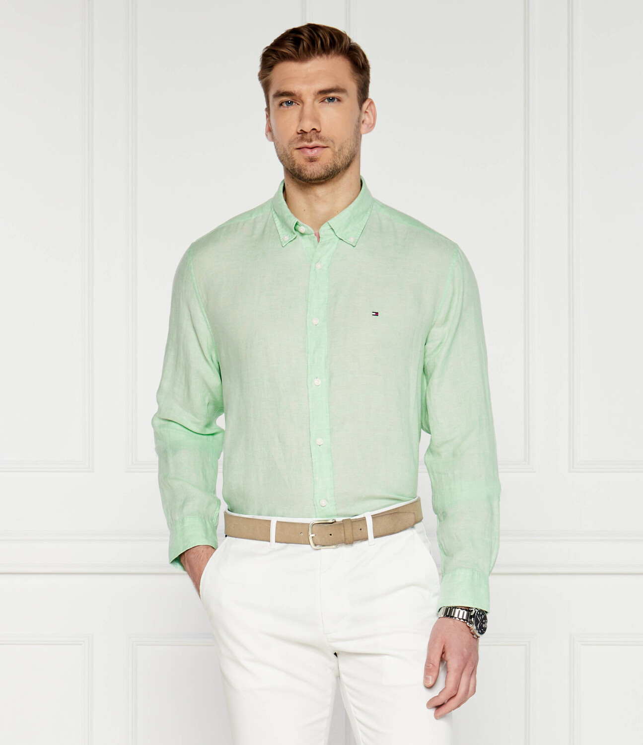 Льняная рубашка Tommy Hilfiger PIGMENT DYED Regular Fit, зеленый — фото 3