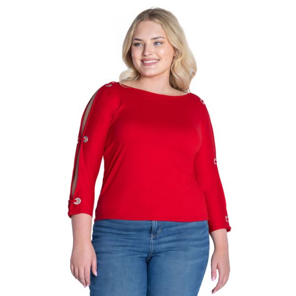 

Плюс сайз топ с круглым вырезом и 3/4 рукавом, украшенный люверсами 24Seven Comfort Apparel, красный