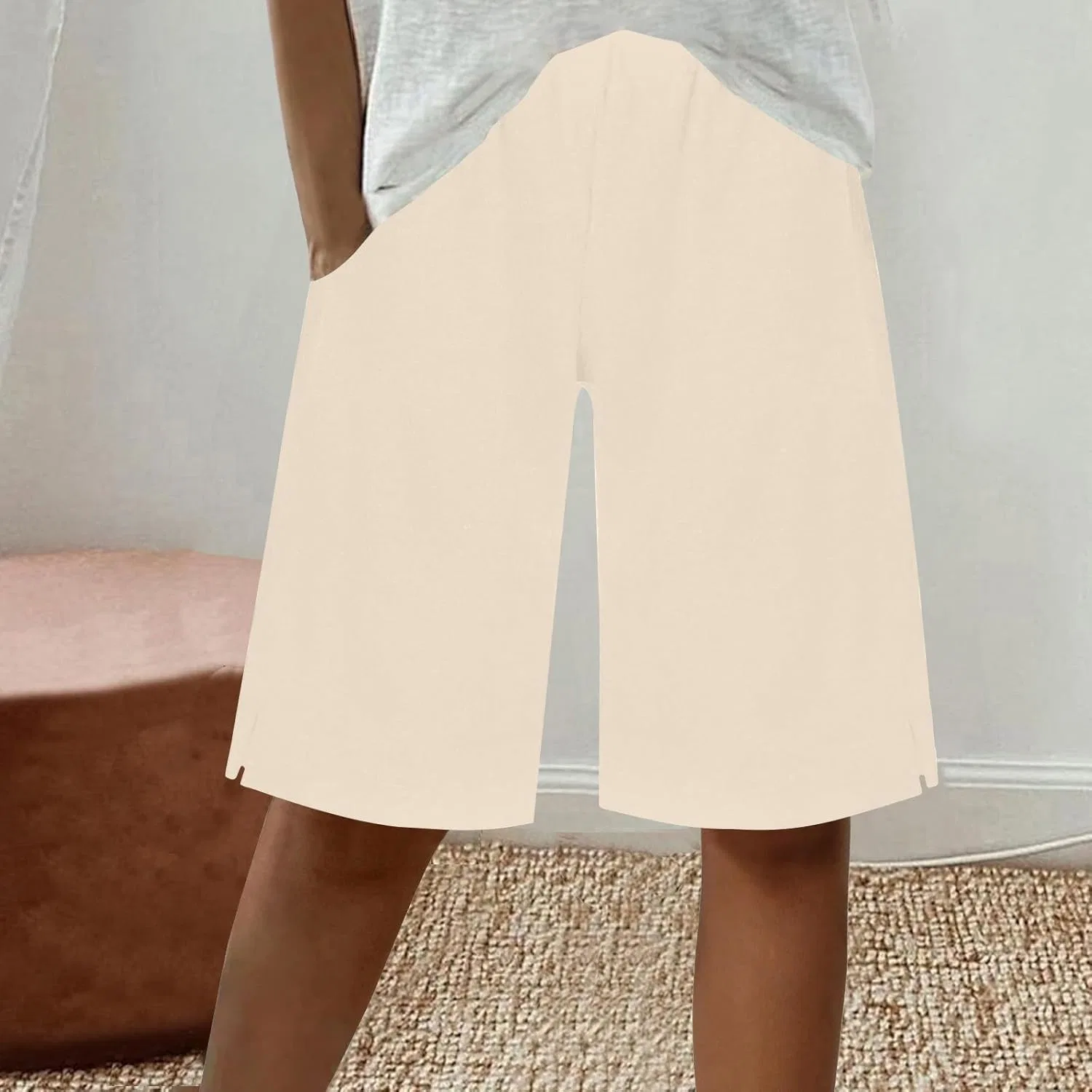 Шорты бермуды женские из льна, Elastic Waist, Khaki — фото 2