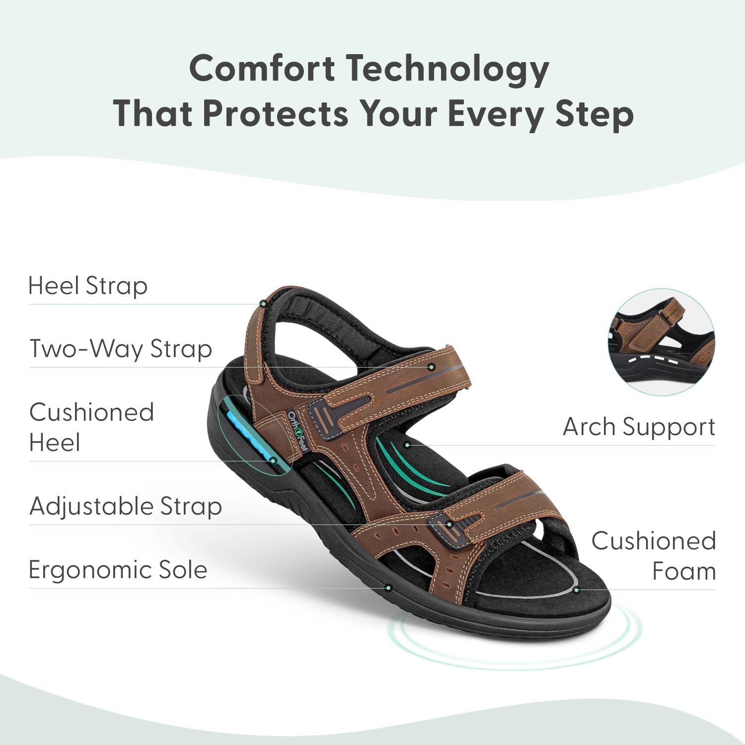 Мужские ортопедические кожаные сандалии Orthofeet Gemini с регулируемой посадкой, коричневый — фото 3