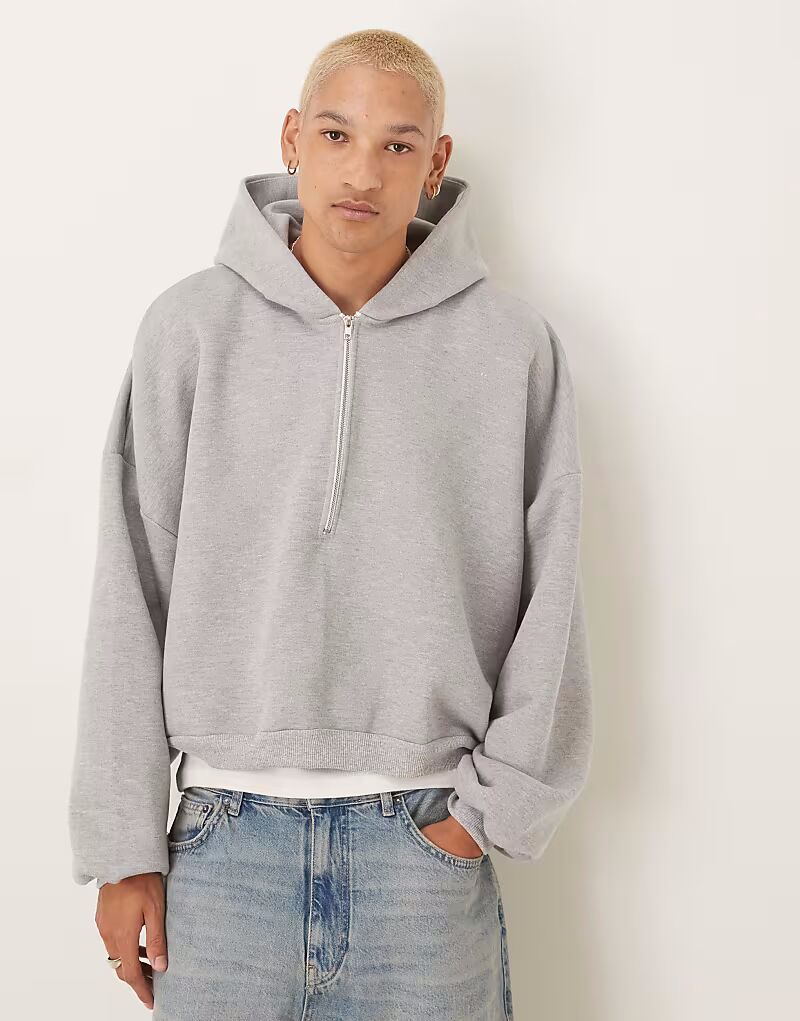 

Плотная укороченная толстовка с капюшоном ASOS DESIGN oversize с застежкой-молнией до середины бедра серого цвета