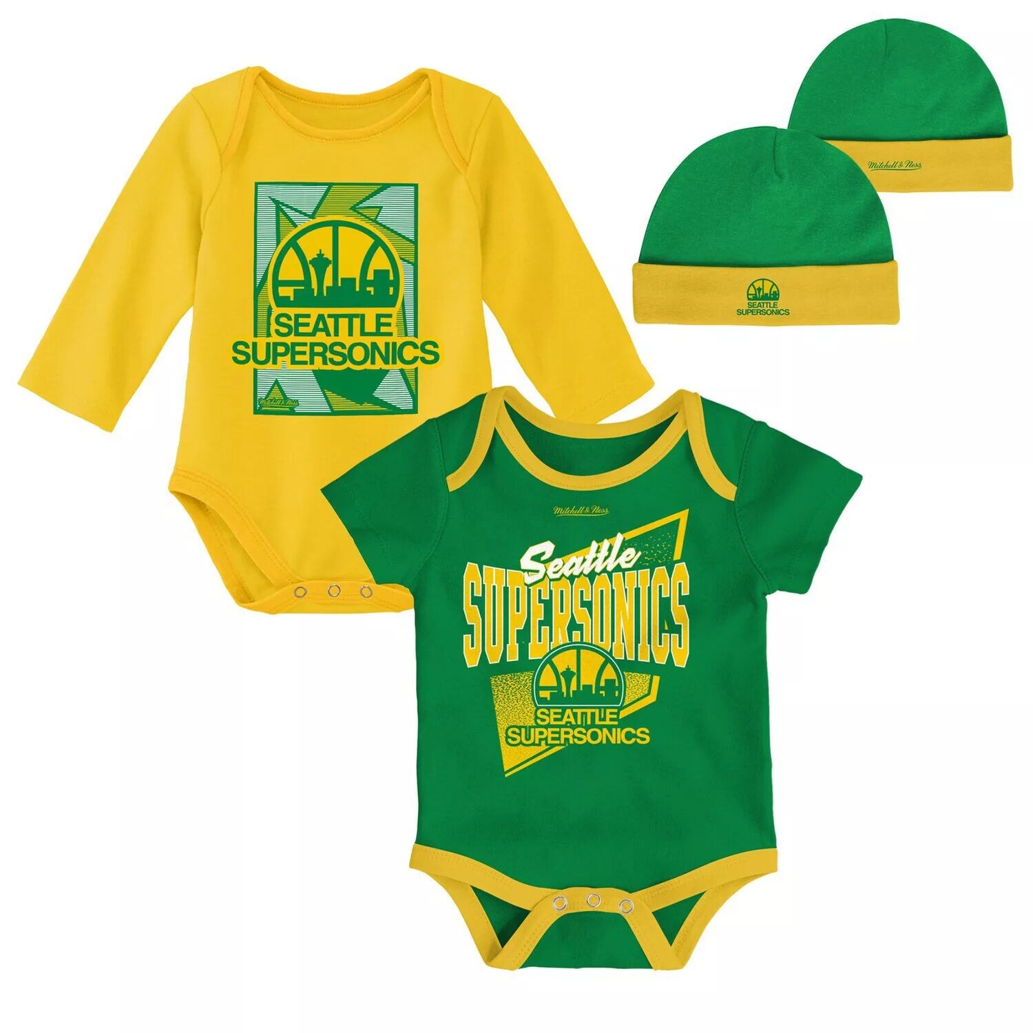 

Классические боди из твердой древесины для младенцев Mitchell & Ness зеленый/золотой Seattle SuperSonics и комплект вязаной шапки с манжетами Unbranded