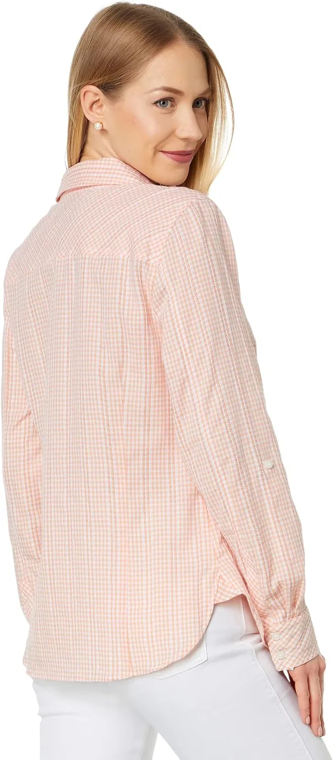 Блуза, рубашка Roll Tab Gingham, Tommy Hilfiger, темно-синий, коралловый, белый — фото 2