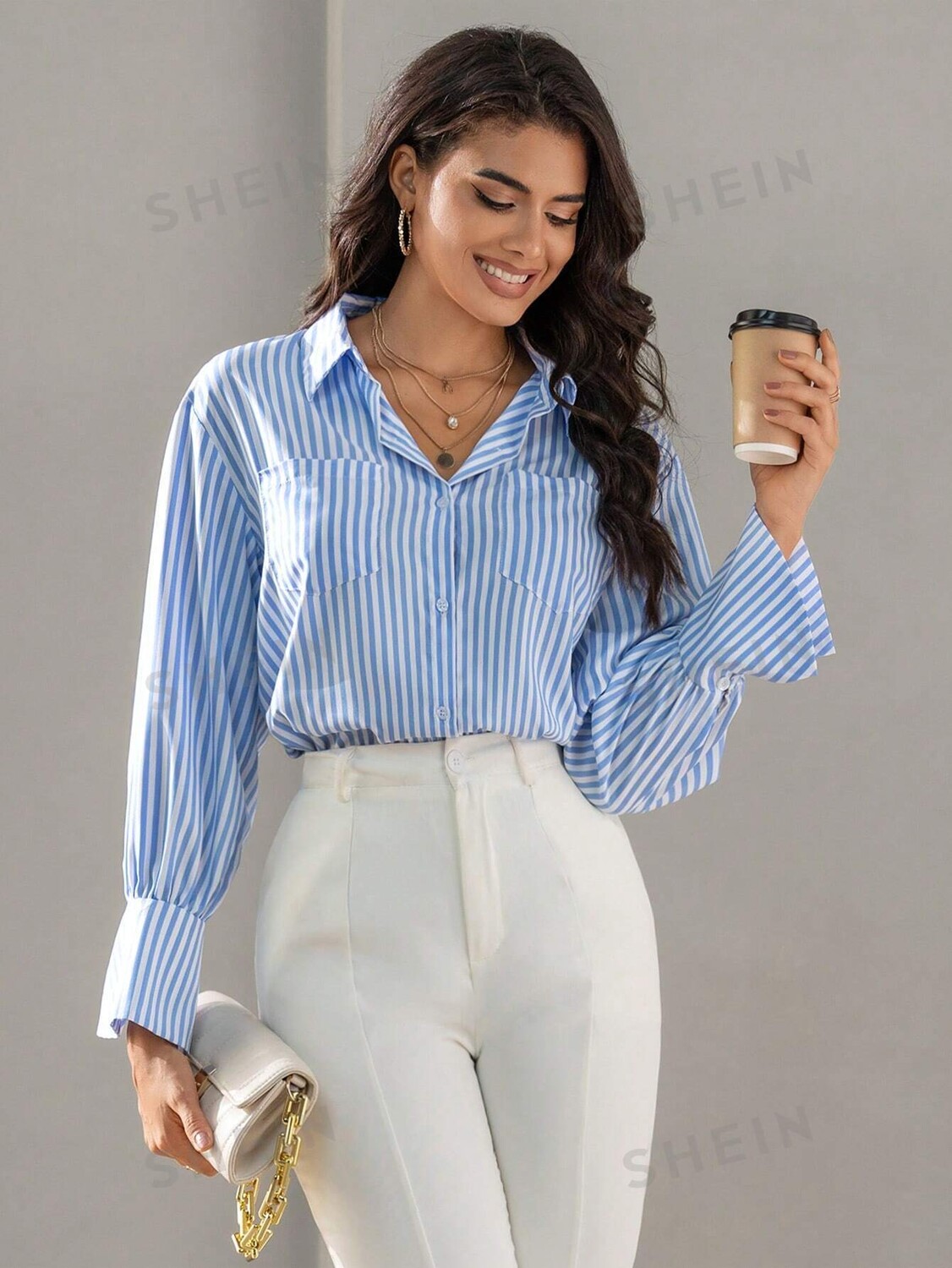 

Рубашка Shein BiZwear с длинным рукавом в вертикальную полоску, голубой / белый