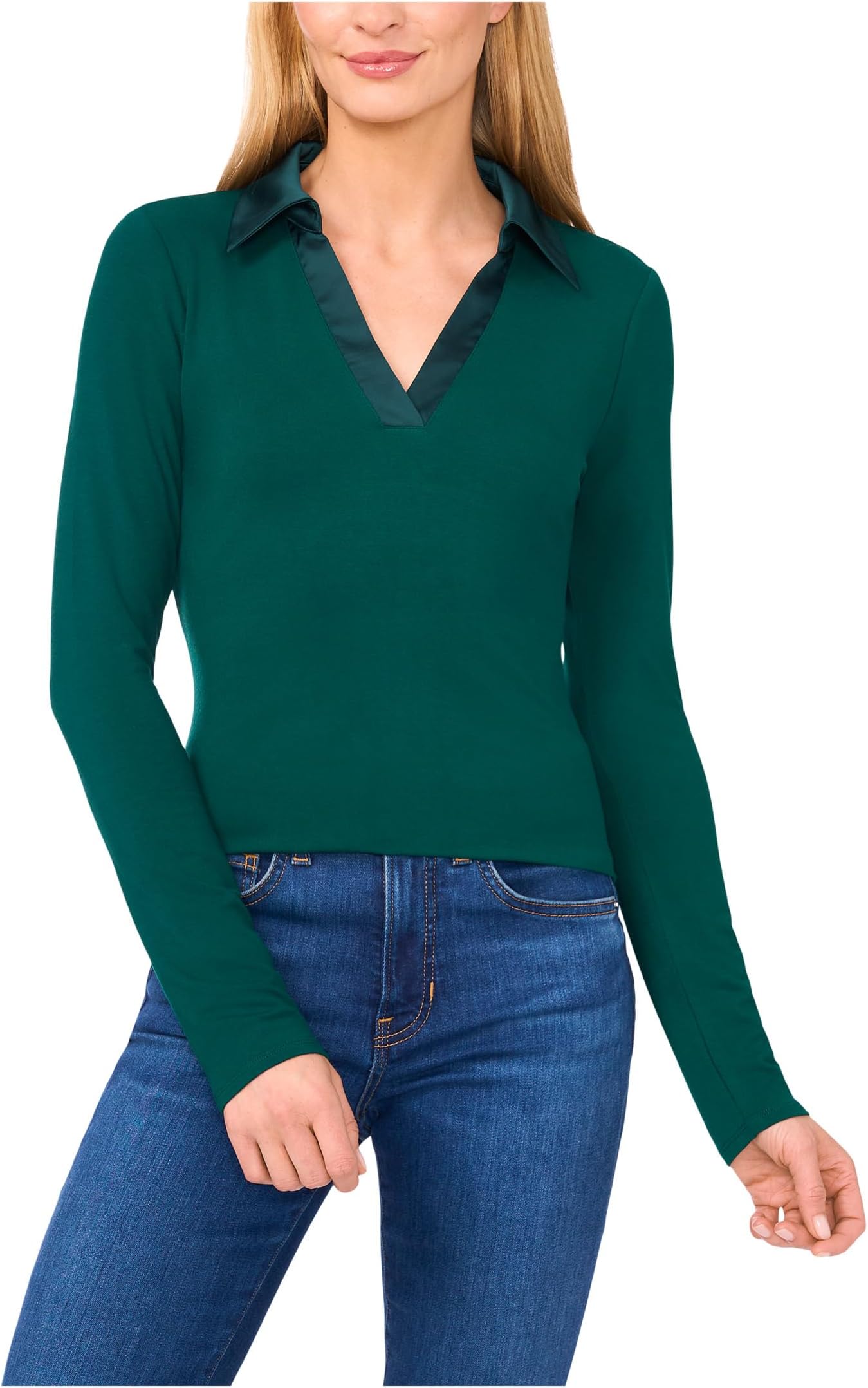 

Топ CeCe Woven Collar Long Sleeve Knit Top, цвет Dark Forest