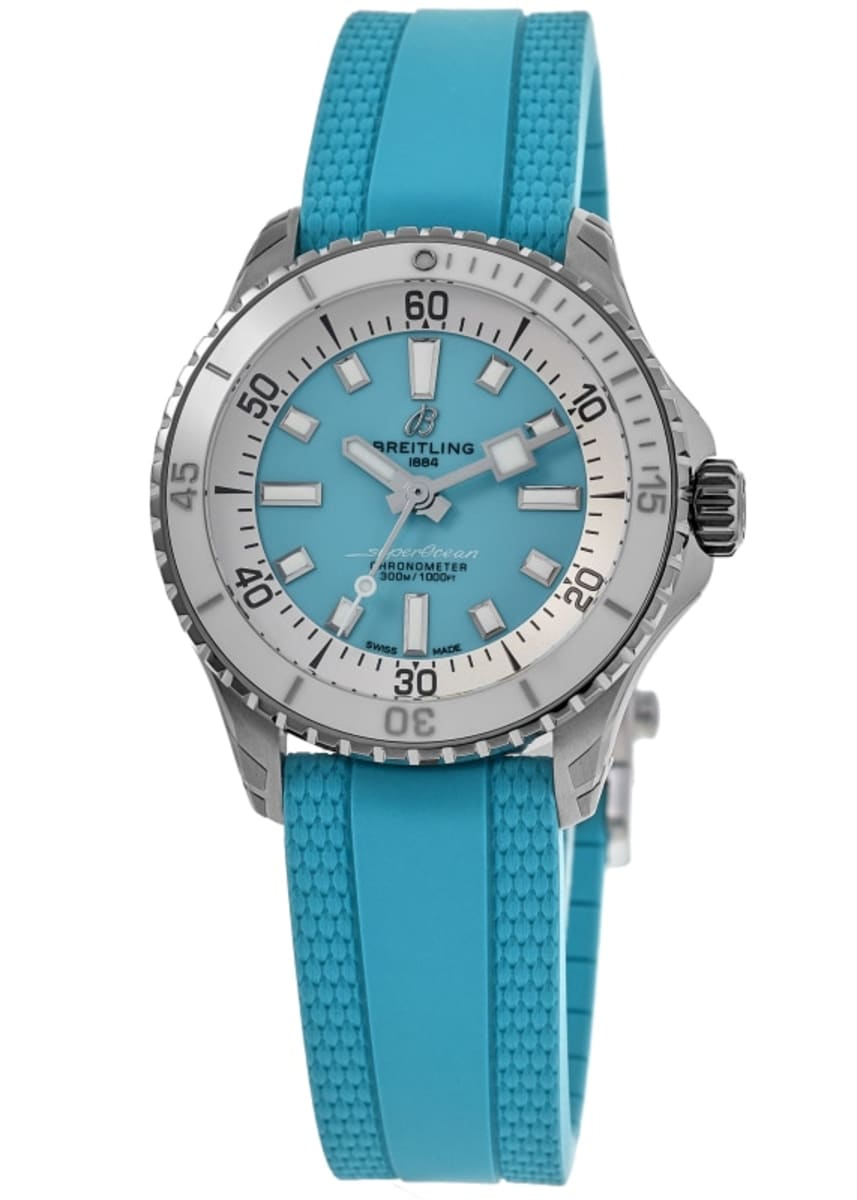 

Женские часы Breitling Superocean Automatic 36 с бирюзовым циферблатом и резиновым ремешком A17377211C1S1
