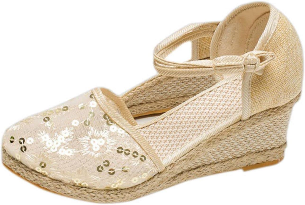 

Женские эспадрильи с закрытым носком, ремешком на щиколотке и танкетке, летние дышащие удобные вышитые сандалии с завязкой на щиколотке, классические эспадрильи, модная удобная обувь для нарядов Generic, бежевый