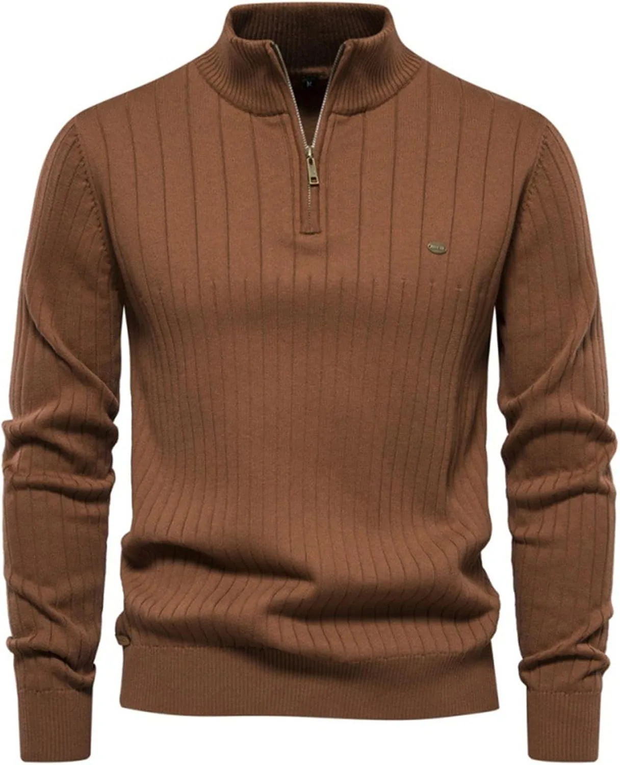 

Мужской свитер с четвертью молнии и воротником стойкой, теплый, зимний, однотонный, хлопковый, ребристый