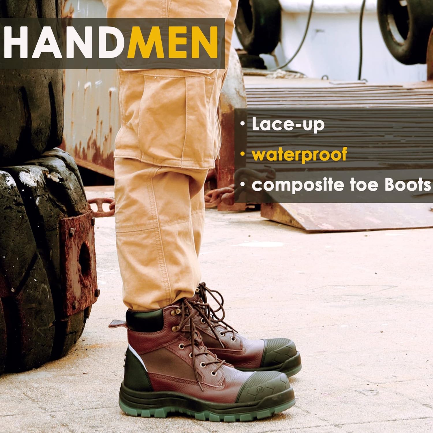 Мужские ботинки HANDMEN, 6, композитный носок, водонепроницаемые, противоскользящие, проколостойкие, с защитой от статического электричества, рабочая обувь 81N03, коричневый — фото 2