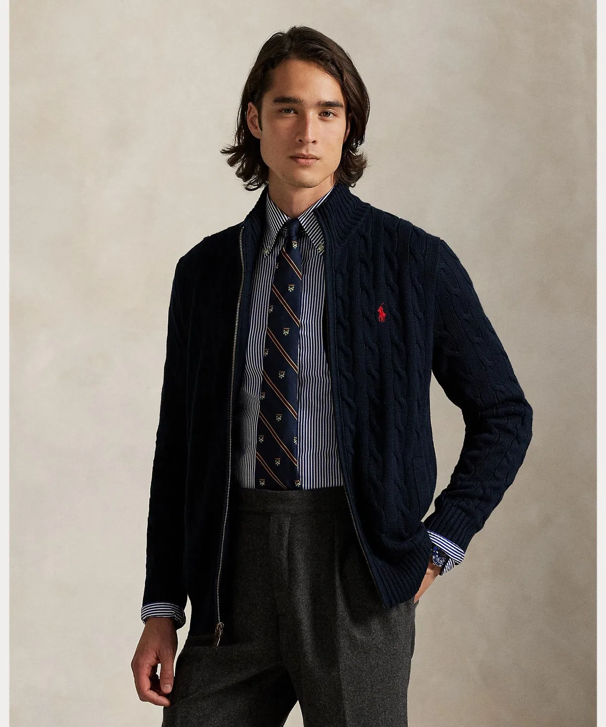 Свитер с кабельным узором на молнии Ralph Lauren, хлопок, синий