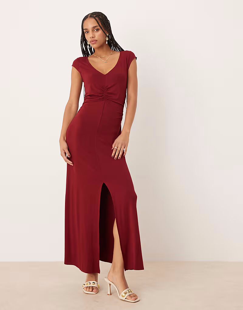 

ASOS DESIGN миди-платье для чаепития с рукавами-крылышками и акцентом на талии в бордовом цвете