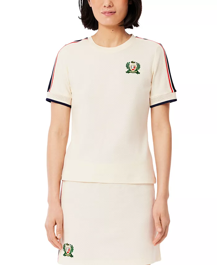

Женская футболка с полосатыми рукавами и логотипом LACOSTE USA, белый