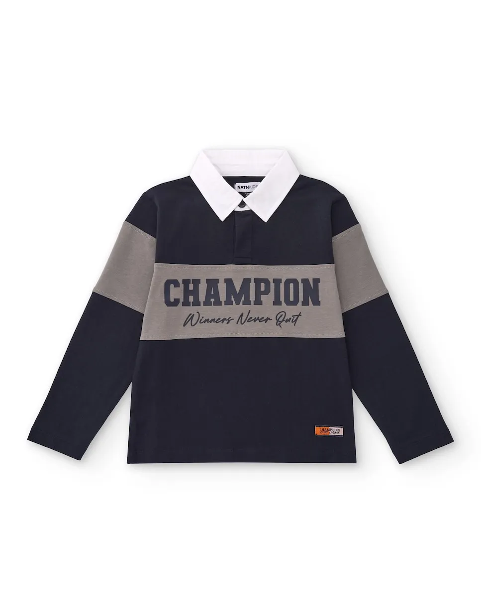 

Поло для мальчика с цветными блоками и принтом с надписью Tuc tuc