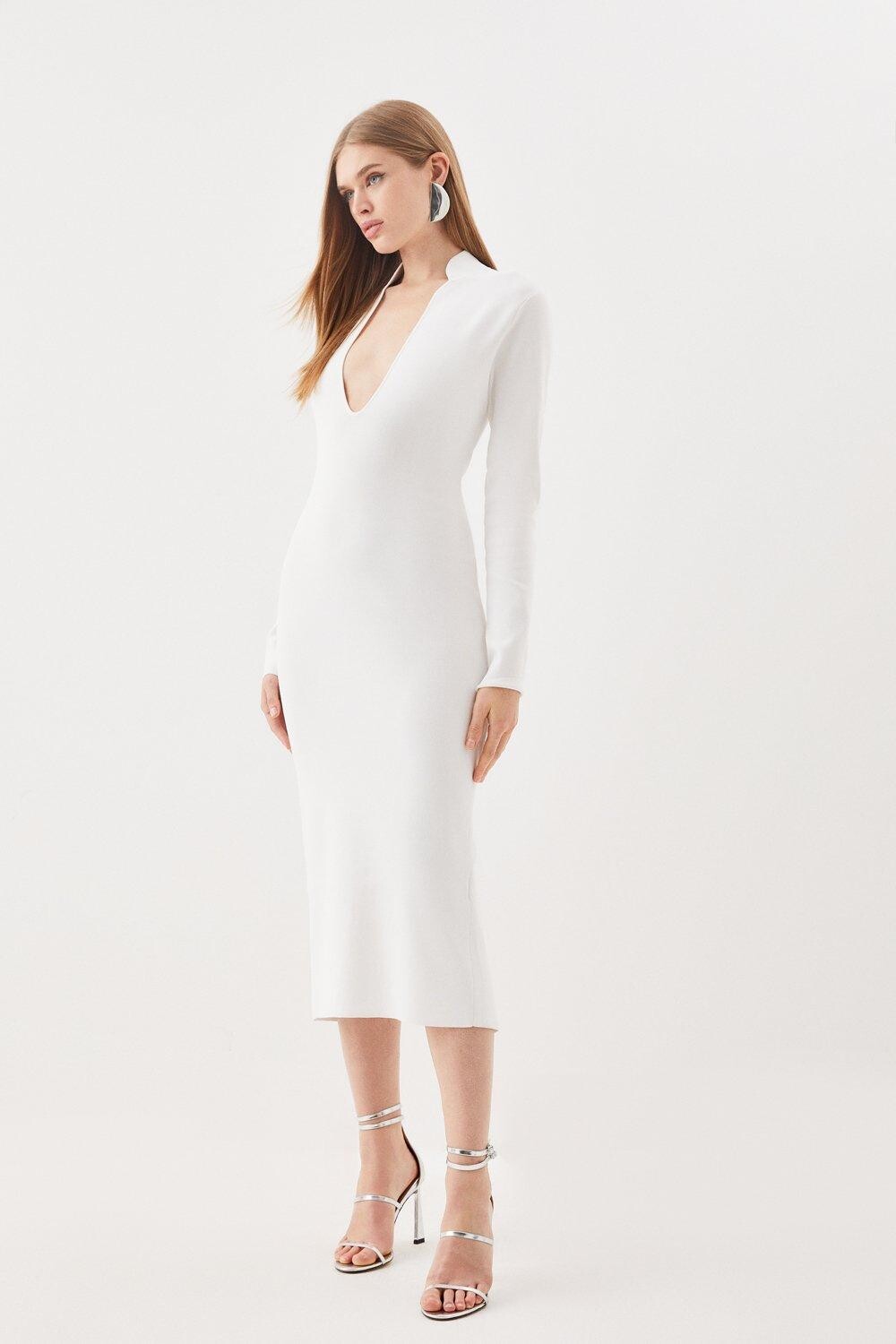 

Трикотажное платье миди с воротником, моделирующее фигуру Karen Millen, белый