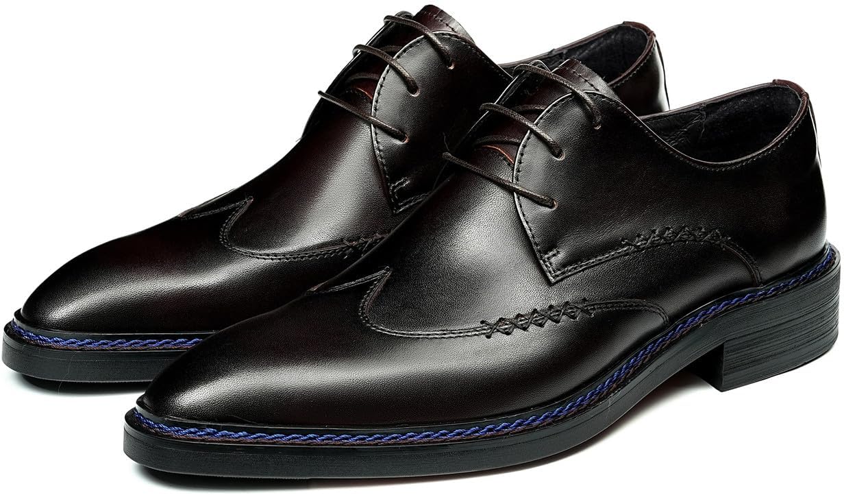 

Мужские оксфорды Santimon с щальными носами - формальная обувь из натуральной кожи, шнуровка, дерби для делового и повседневного стиля и свадеб - полированная поверхность, амортизирующая стелька, противоскользящая резиновая подошва, Coffee