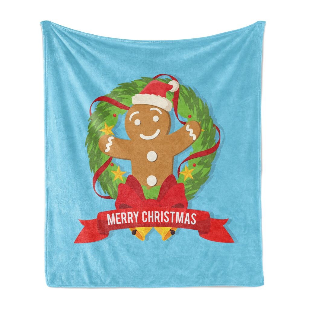 

Рождественское мягкое фланелевое флисовое одеяло ABAKUHAUS, Пряничный человечек в венке Ноэля, темно-розовая лента-колокольчик, 175 x 230 см, небесно-голубой, разноцветный