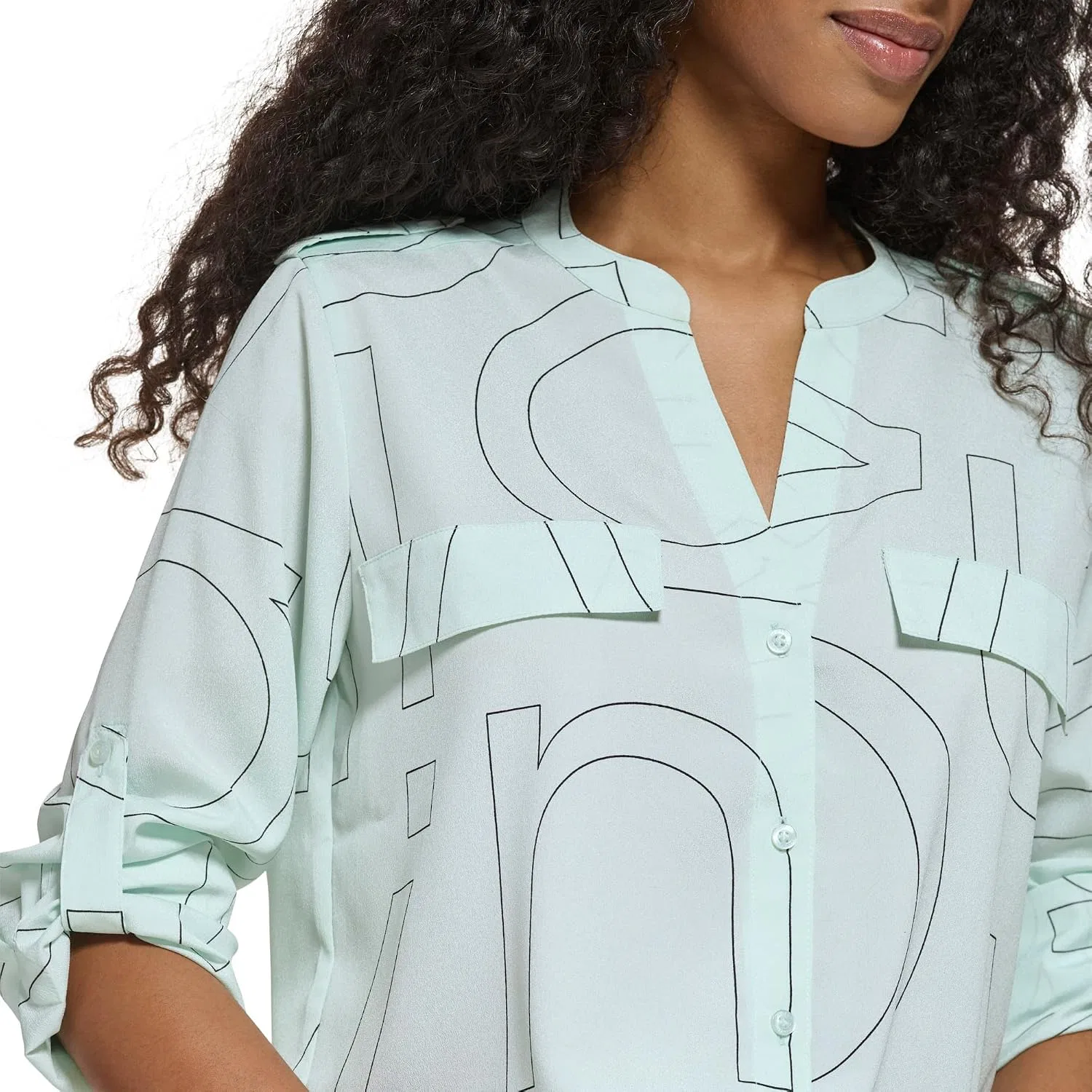 Блуза с принтом, поли CDC Pocket Poly CDC Roll Tab Sleeve, Calvin Klein, бирюзово-черный — фото 4