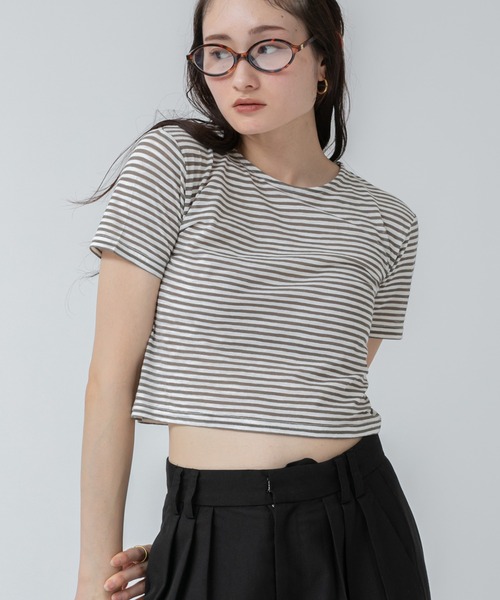 

Футболка укороченная, полосатая, прозрачная, с коротким рукавом HEILIS, темно-коричневая