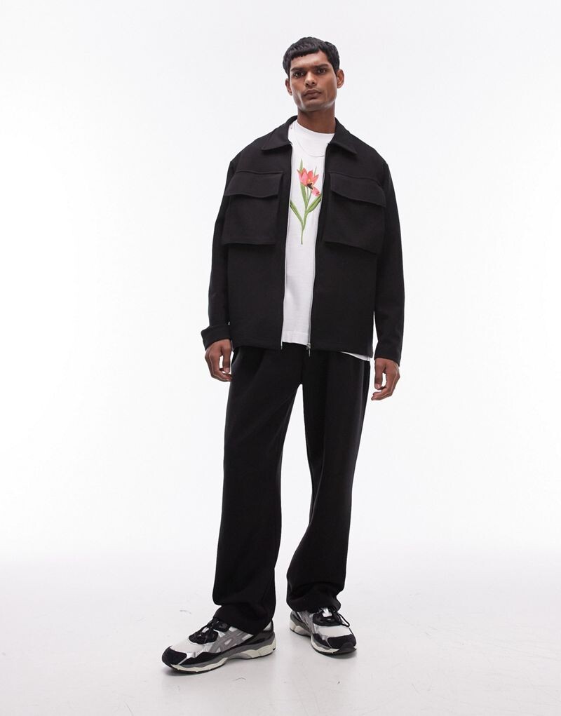 

Черный джерси оверсайз с молнией и карманами Topman