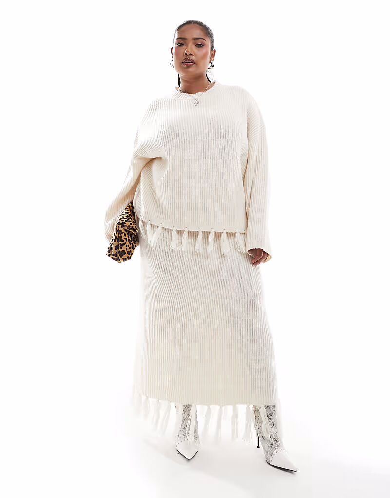 

Юбка макси из смеси шерсти 4th & Reckless Plus с кисточками по краю, кремового цвета