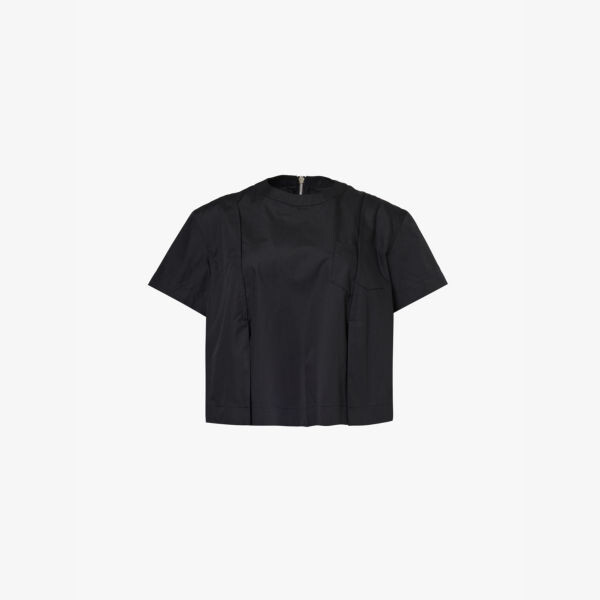 

Плиссированный тканый топ с круглым вырезом Sacai, черный