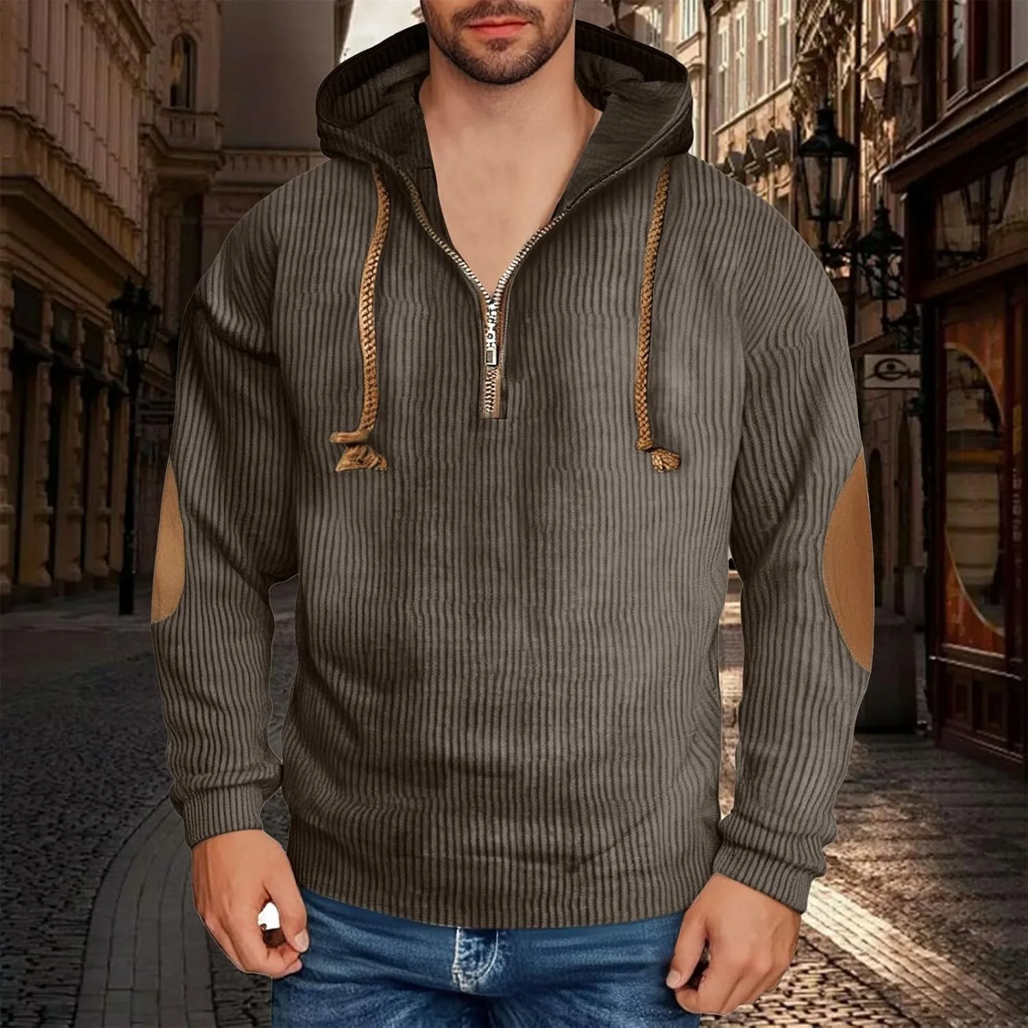 Мужской вельветовый худи Casual Quarter Zip с налокотниками — фото 4